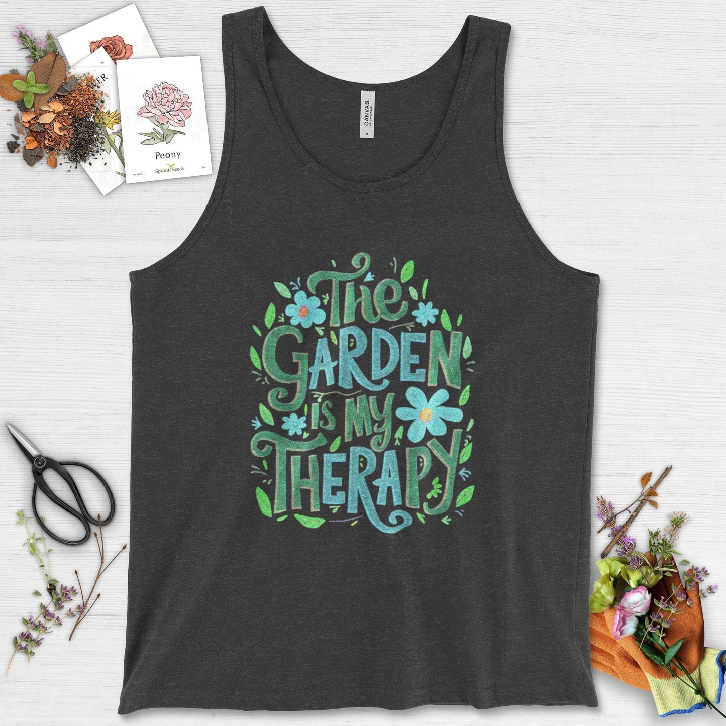 The Garden Is My Therapy Graphic Tank Top Dark Gray Heather / XS Physical Item