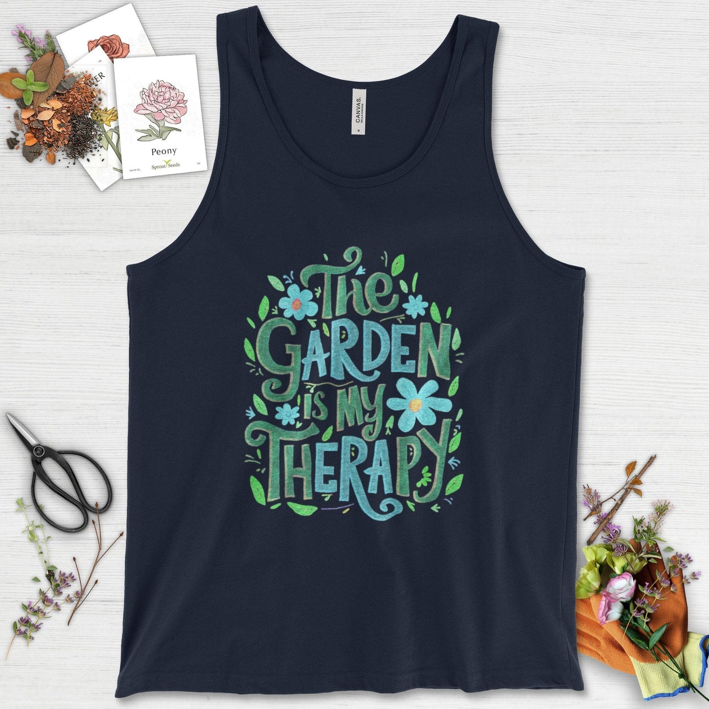The Garden Is My Therapy Graphic Tank Top Navy / XS Physical Item