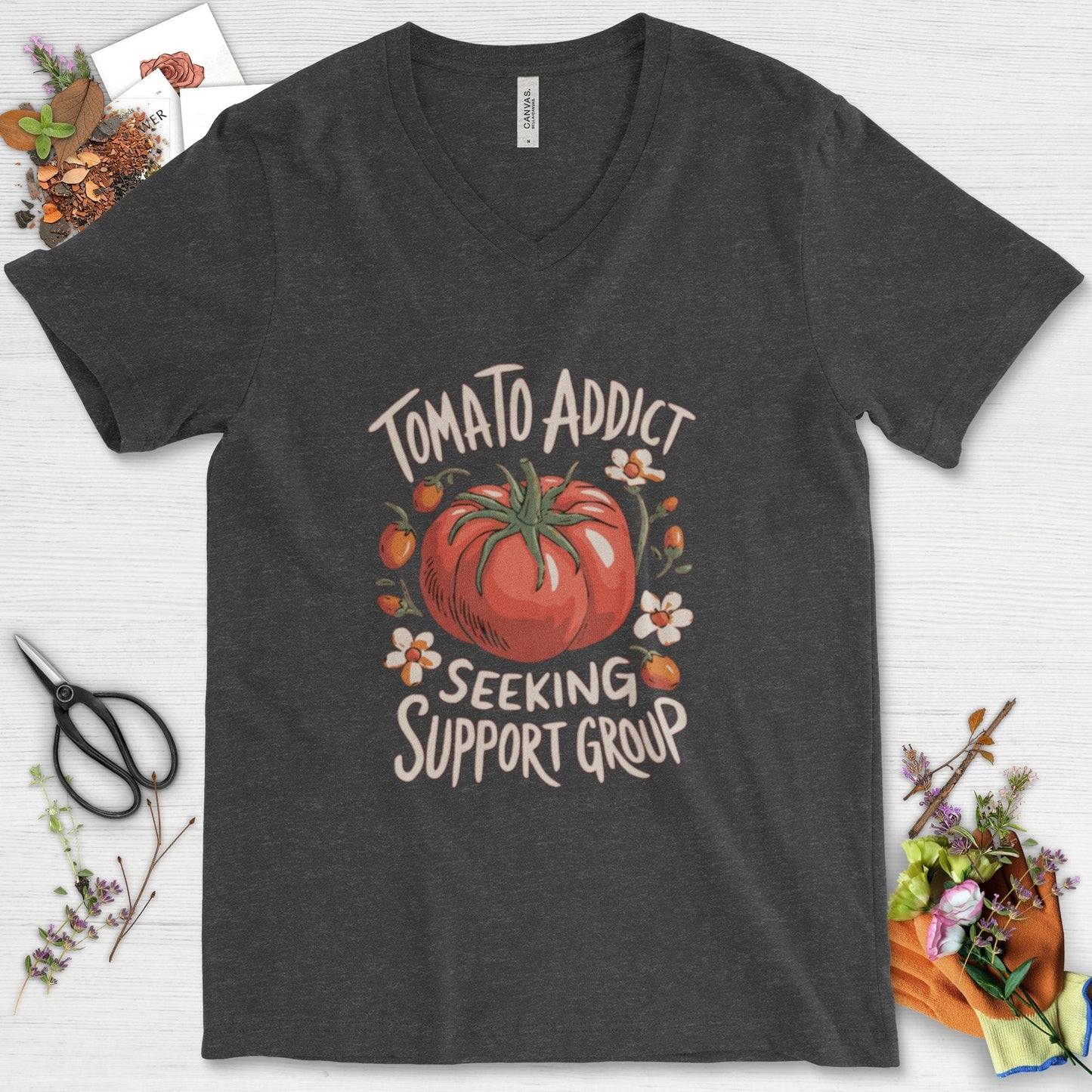 Tomato Addict Support Group V-Neck Dark Grey Heather / S Physical Item