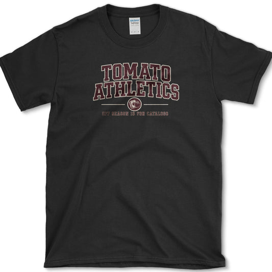 Tomato Athletics design featuring tomato gardener artwork on a t-shirt