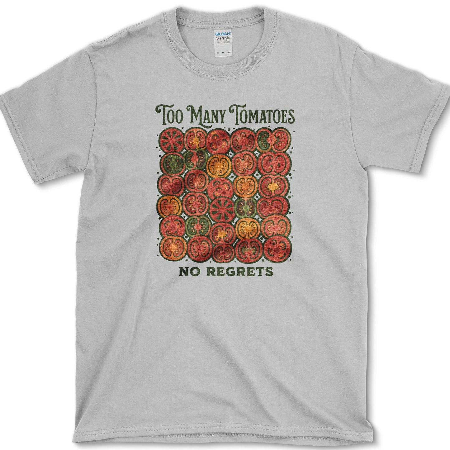 Too Many Tomatoes No Regrets T-Shirt S / Sport Grey Essential Tees