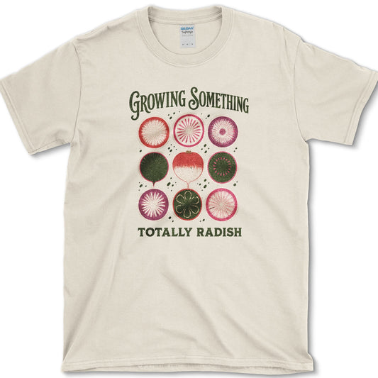 Nine red and pink radish cross-sections beneath Growing Something and above Totally Radish lettering