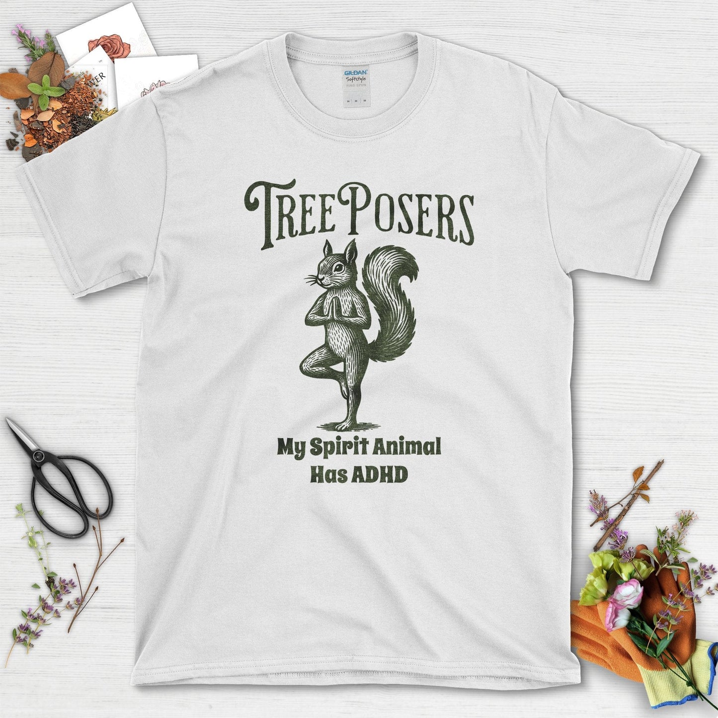 Tree Posers Squirrel Yoga T-Shirt White / S Physical Item