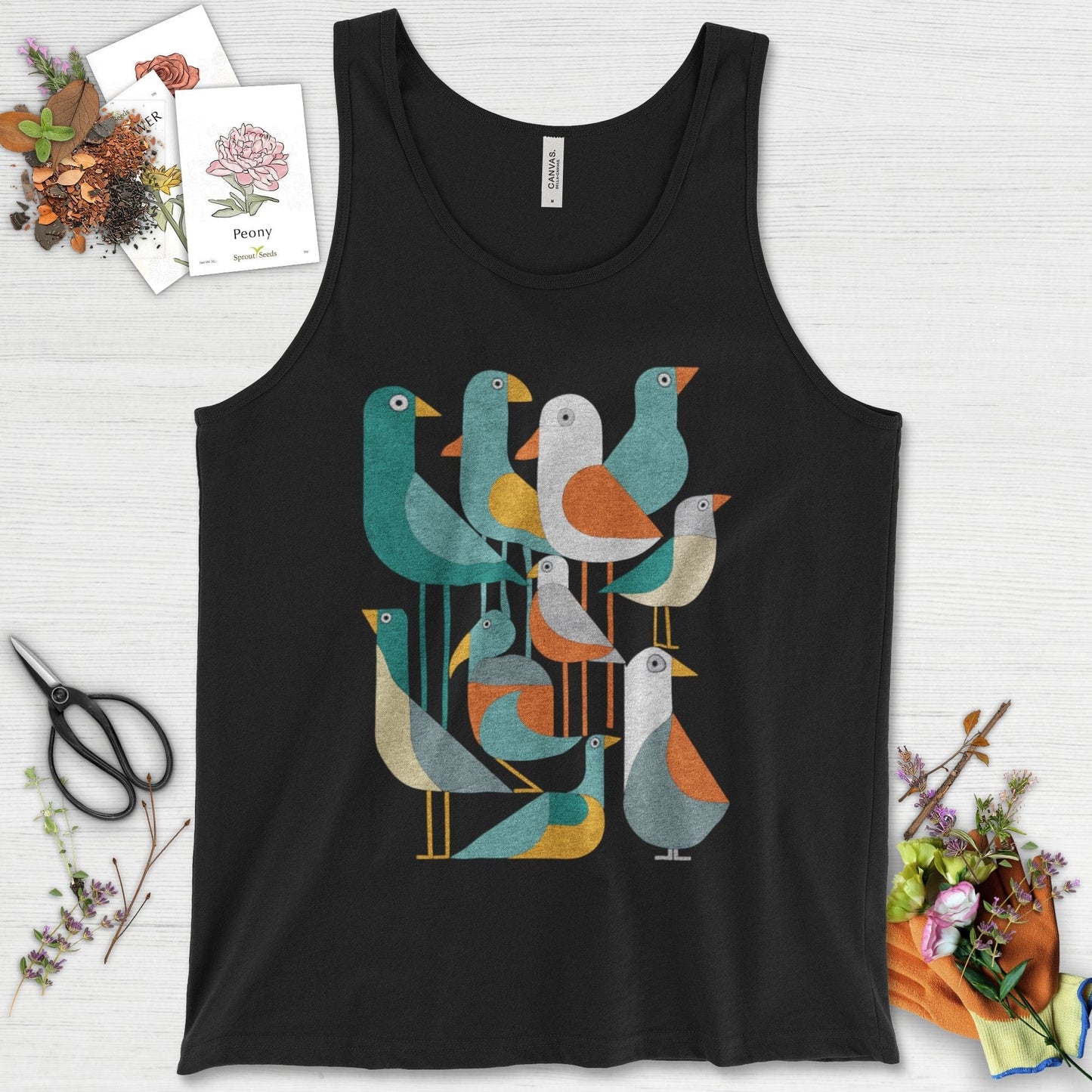 Vibrant Birds Garden Tank Top Black / XS Physical Item
