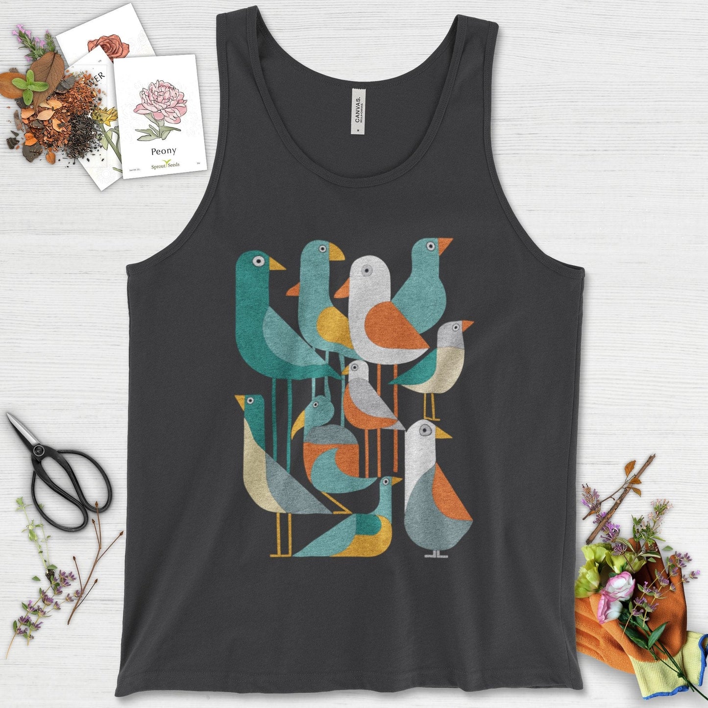 Vibrant Birds Garden Tank Top Dark Grey / XS Physical Item