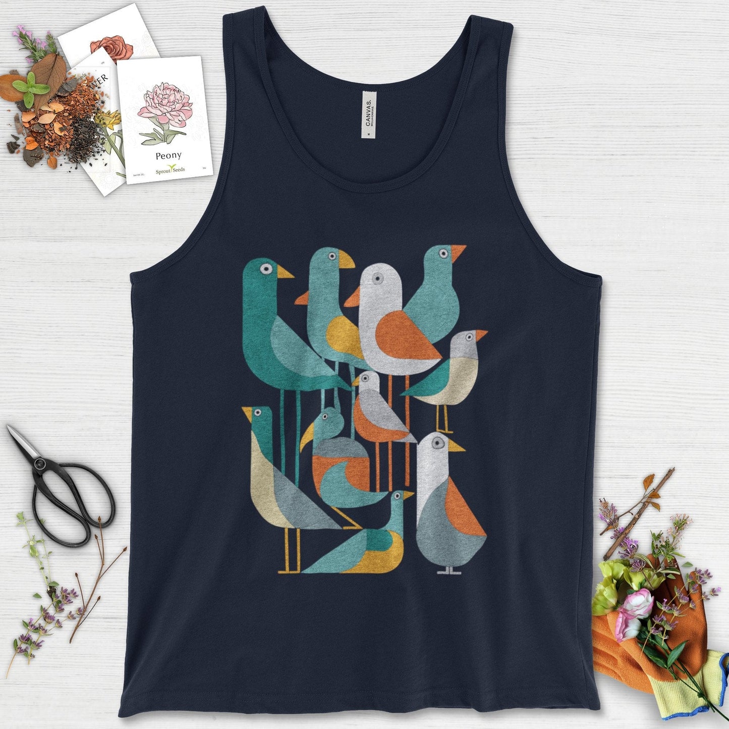 Vibrant Birds Garden Tank Top Navy / XS Physical Item