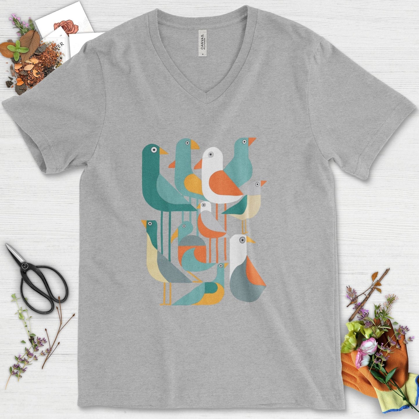 Vibrant Birds Garden V-Neck Athletic Heather / S Physical Item