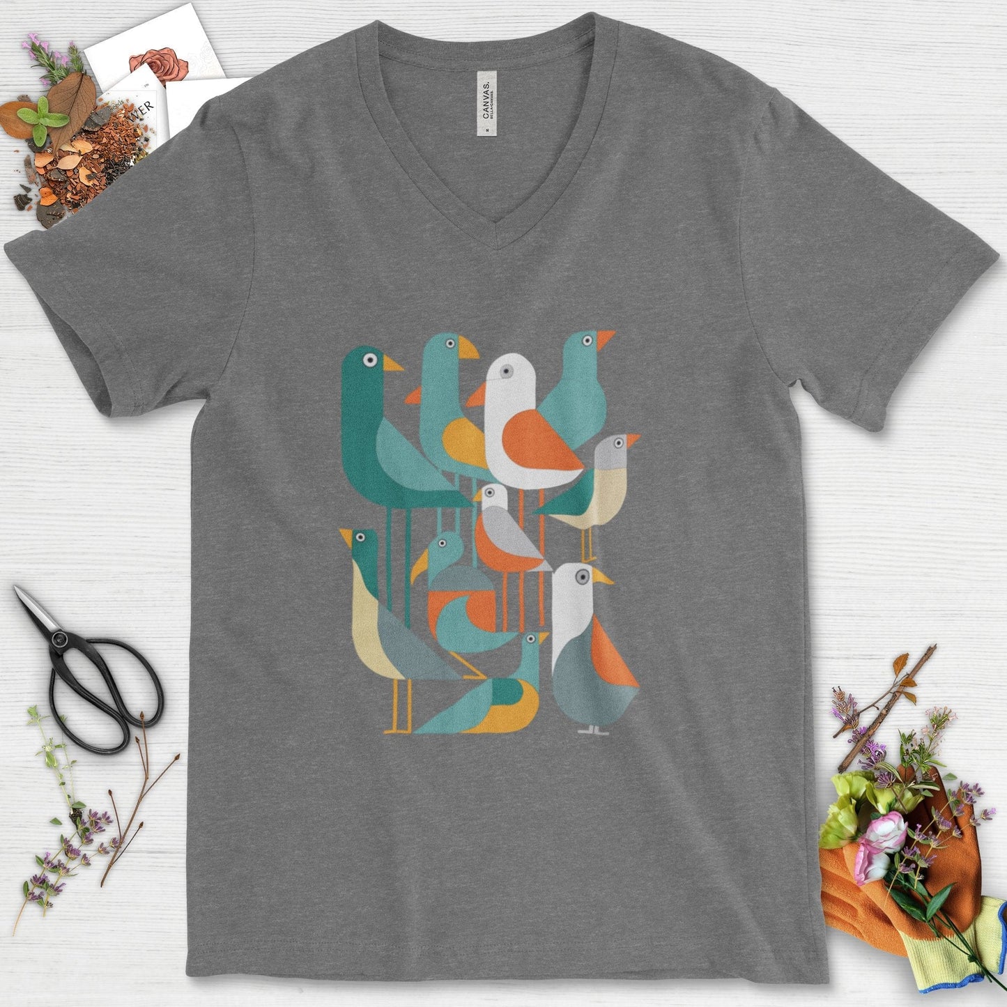 Vibrant Birds Garden V-Neck Deep Heather / S Physical Item