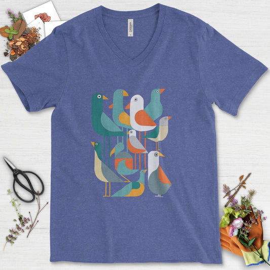 Vibrant Birds Garden V-Neck Heather True Royal / S Physical Item