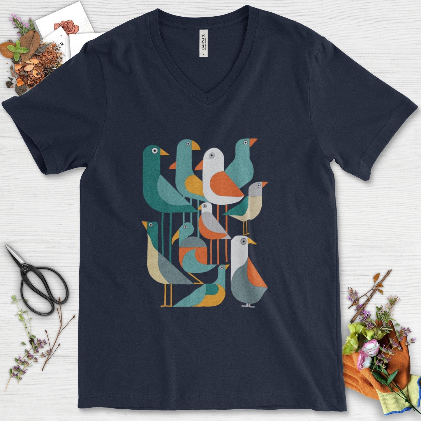 Vibrant Birds Garden V-Neck Navy / S Physical Item