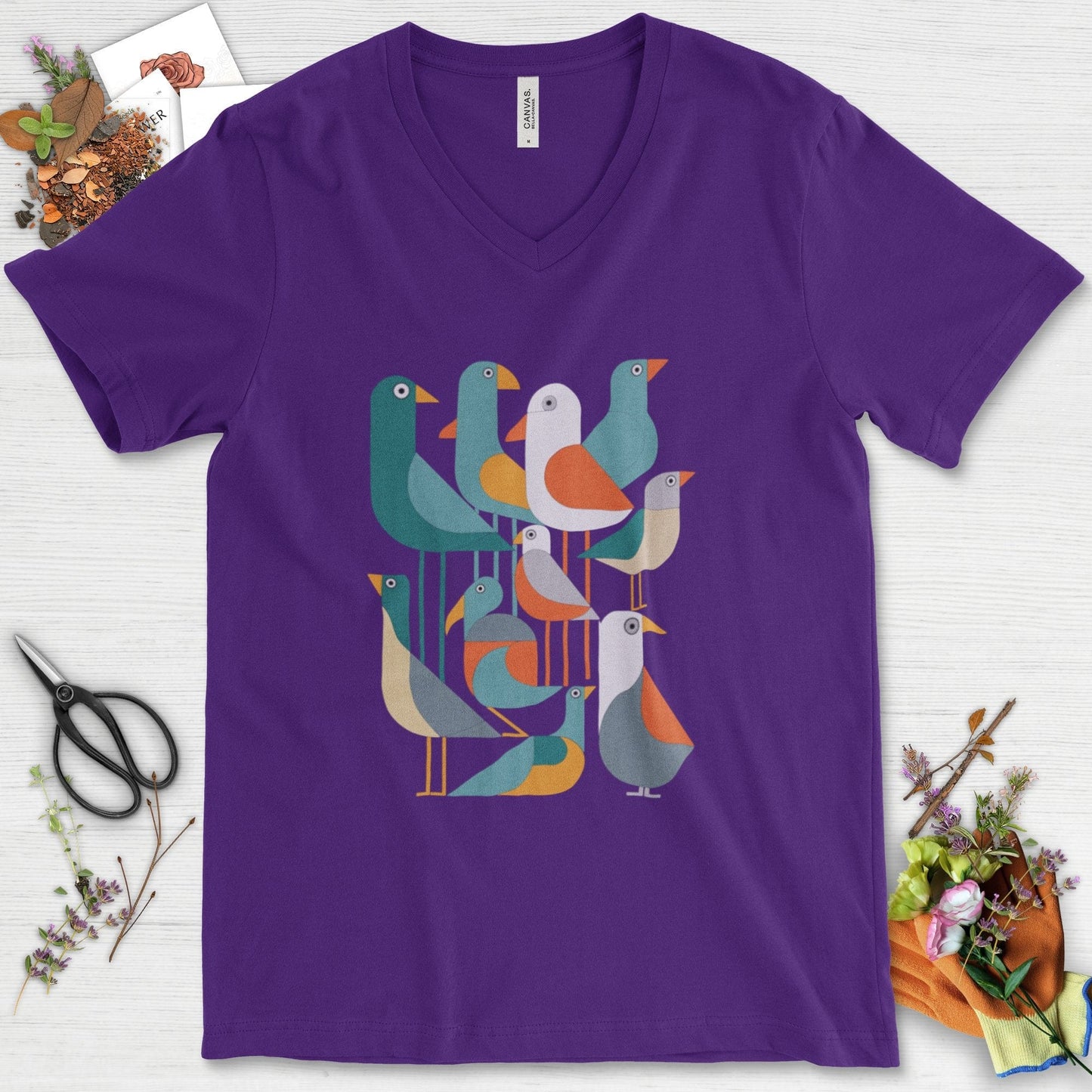 Vibrant Birds Garden V-Neck Team Purple / S Physical Item