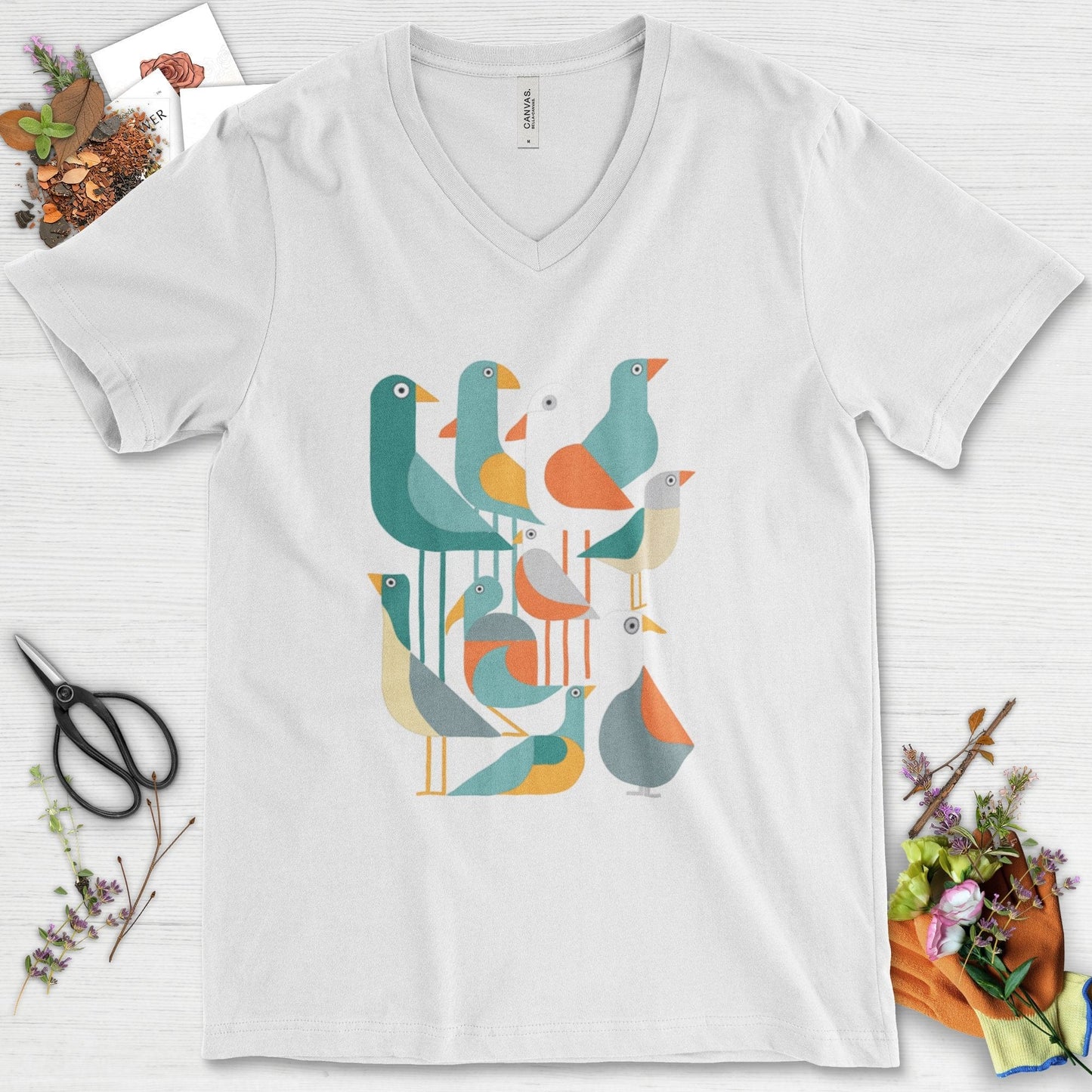 Vibrant Birds Garden V-Neck White / S Physical Item