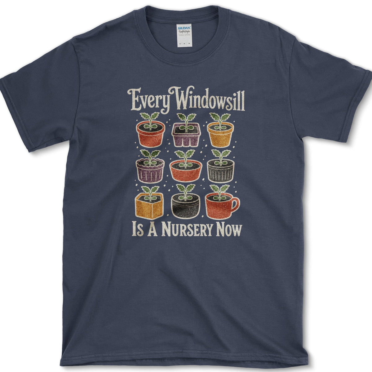 Nine colorful pots and cups filled with windowsill seedlings on a T-shirt
