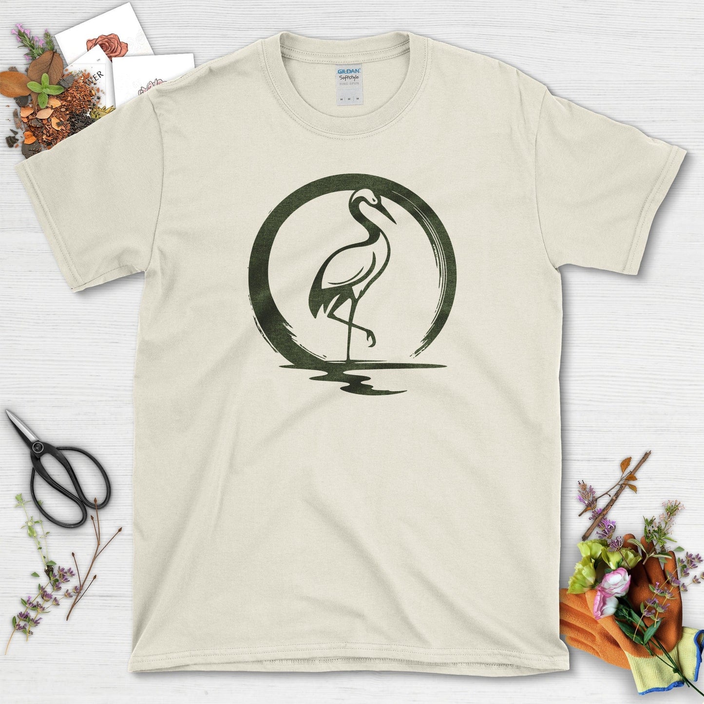 Zen Crane Circle T-Shirt T-Shirts / S / Natural Physical Item