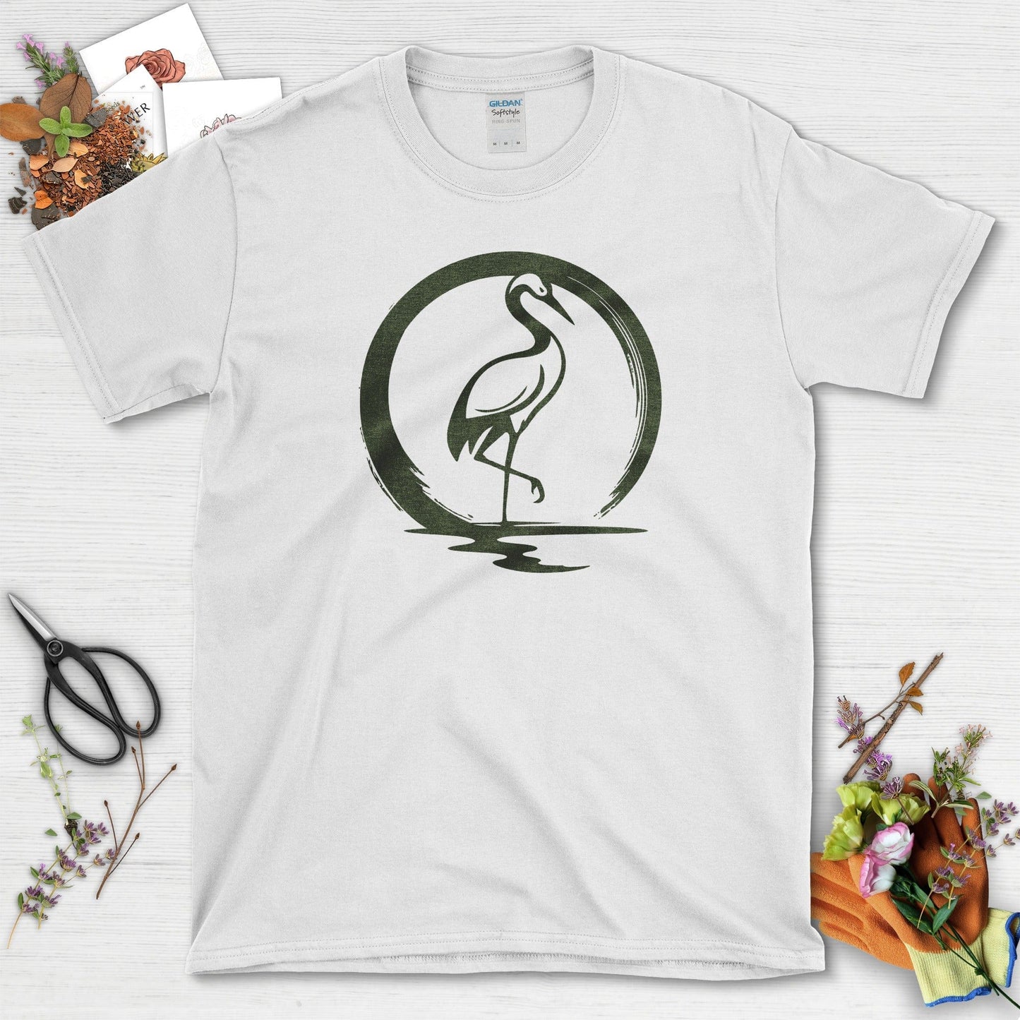 Zen Crane Circle T-Shirt T-Shirts / S / White Physical Item