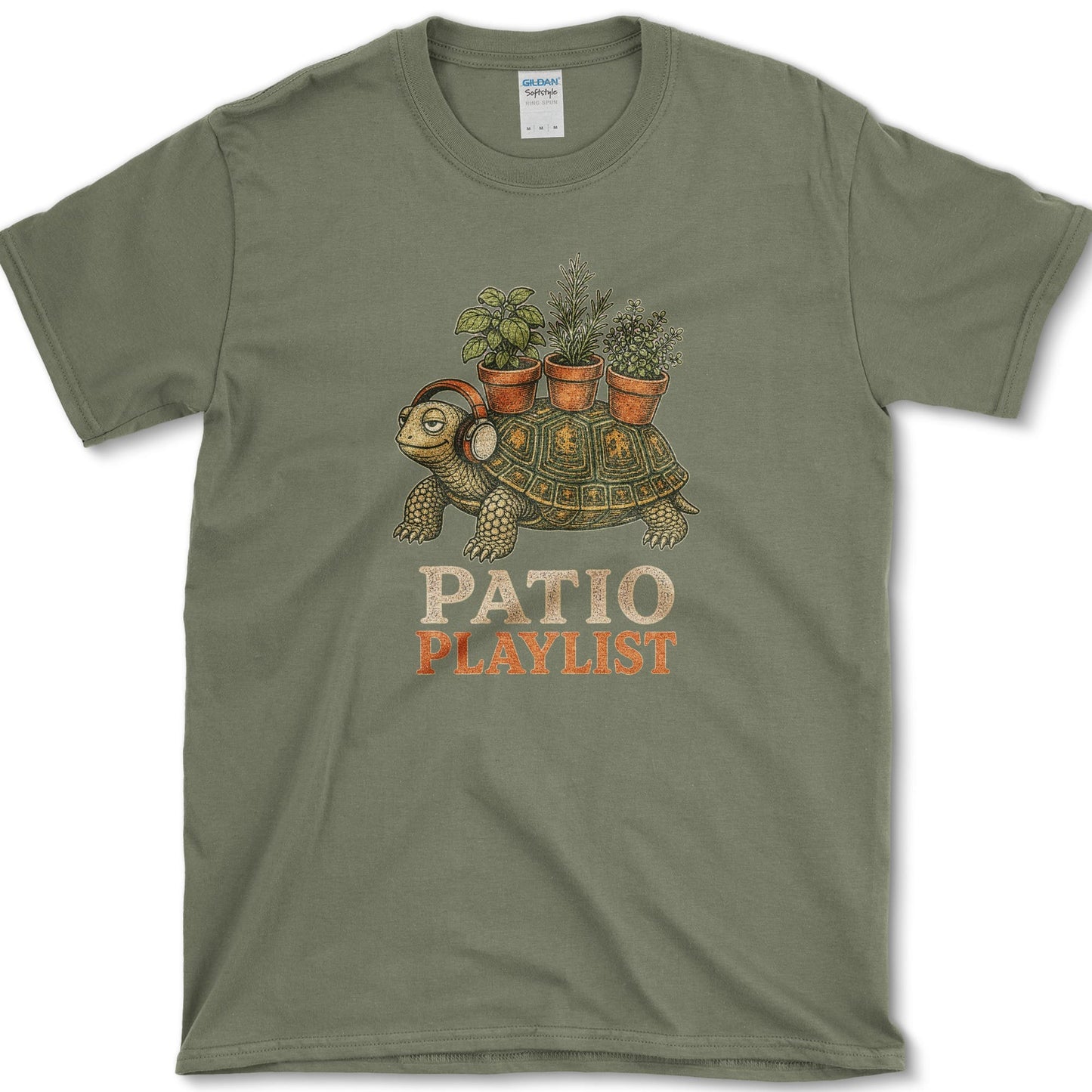 Patio Playlist design featuring tortoise artwork on a t-shirt