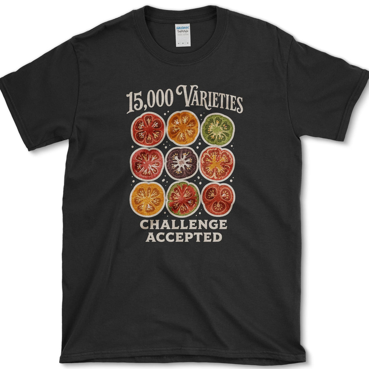 Nine colorful heirloom tomato cross-sections between 15,000 Varieties and Challenge Accepted lettering