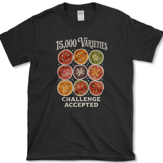 Nine colorful heirloom tomato cross-sections between 15,000 Varieties and Challenge Accepted lettering