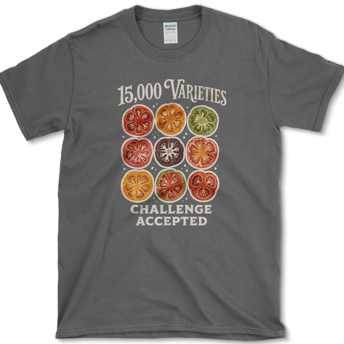 Nine colorful heirloom tomato cross-sections between 15,000 Varieties and Challenge Accepted lettering