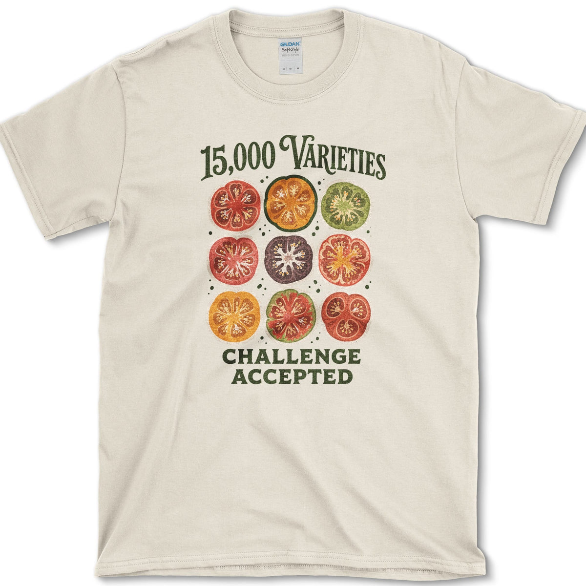 Nine colorful heirloom tomato cross-sections between 15,000 Varieties and Challenge Accepted lettering