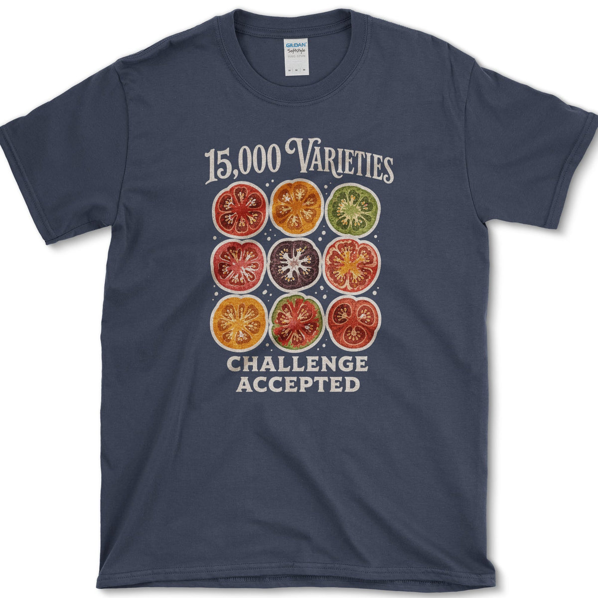 Nine colorful heirloom tomato cross-sections between 15,000 Varieties and Challenge Accepted lettering