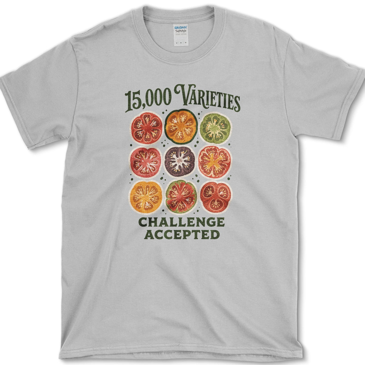 Nine colorful heirloom tomato cross-sections between 15,000 Varieties and Challenge Accepted lettering