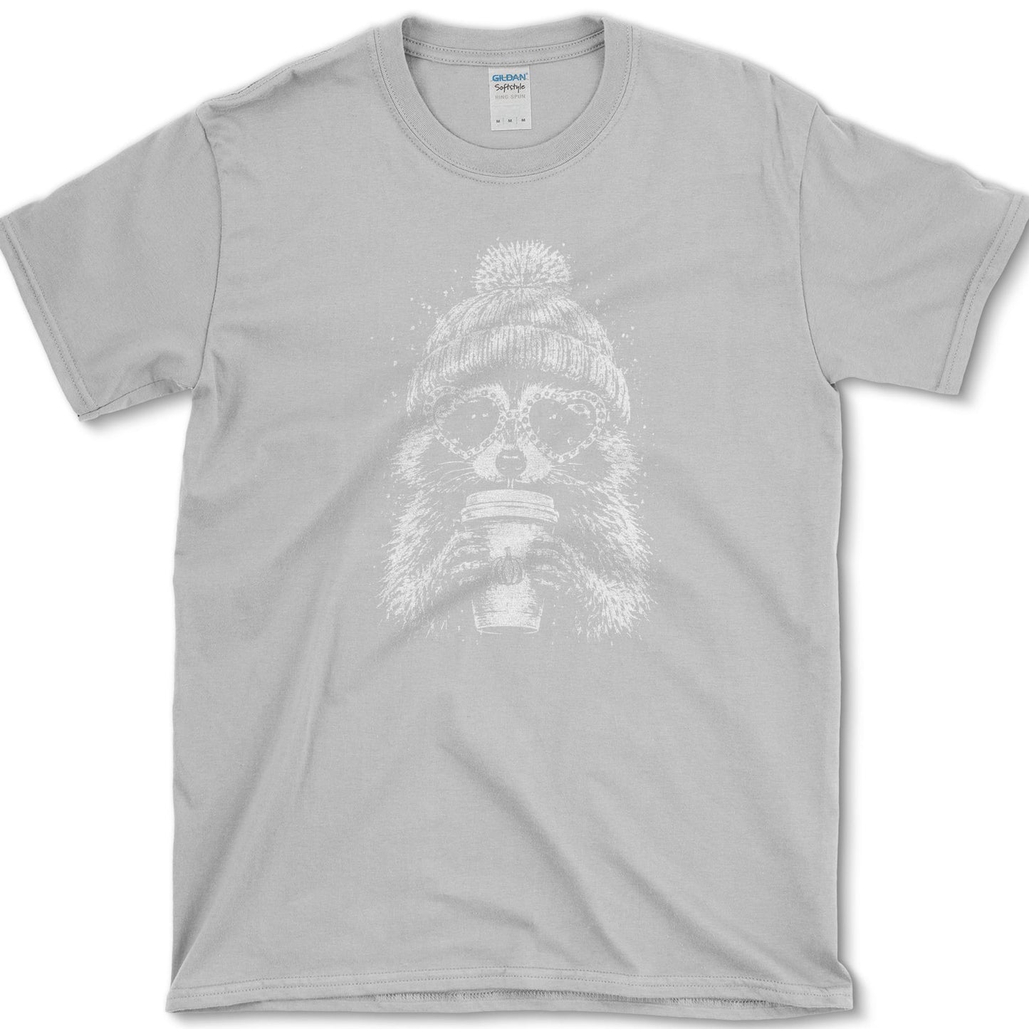 Pumpkin Spice Raccoon artwork featuring raccoon and pumpkin spice drink on a T-shirt
