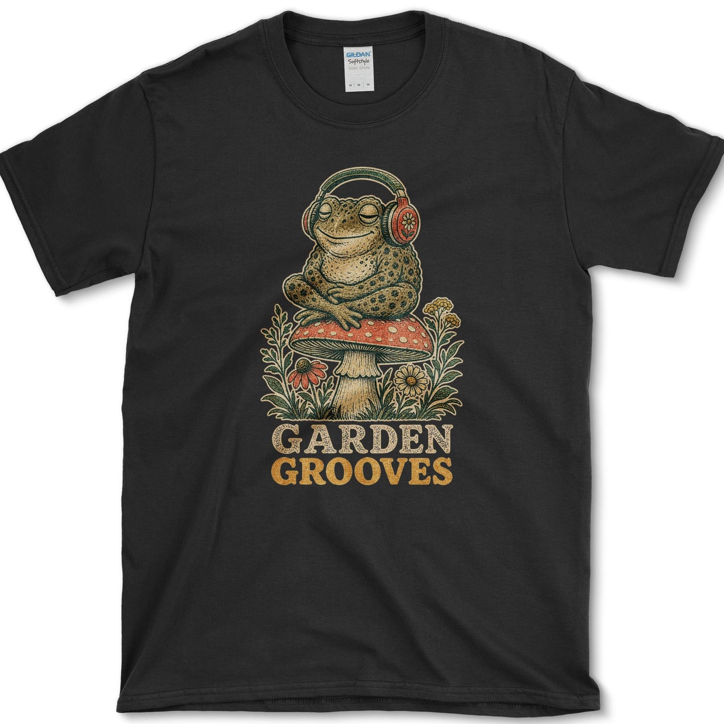 Garden Grooves design featuring frog artwork on a t-shirt