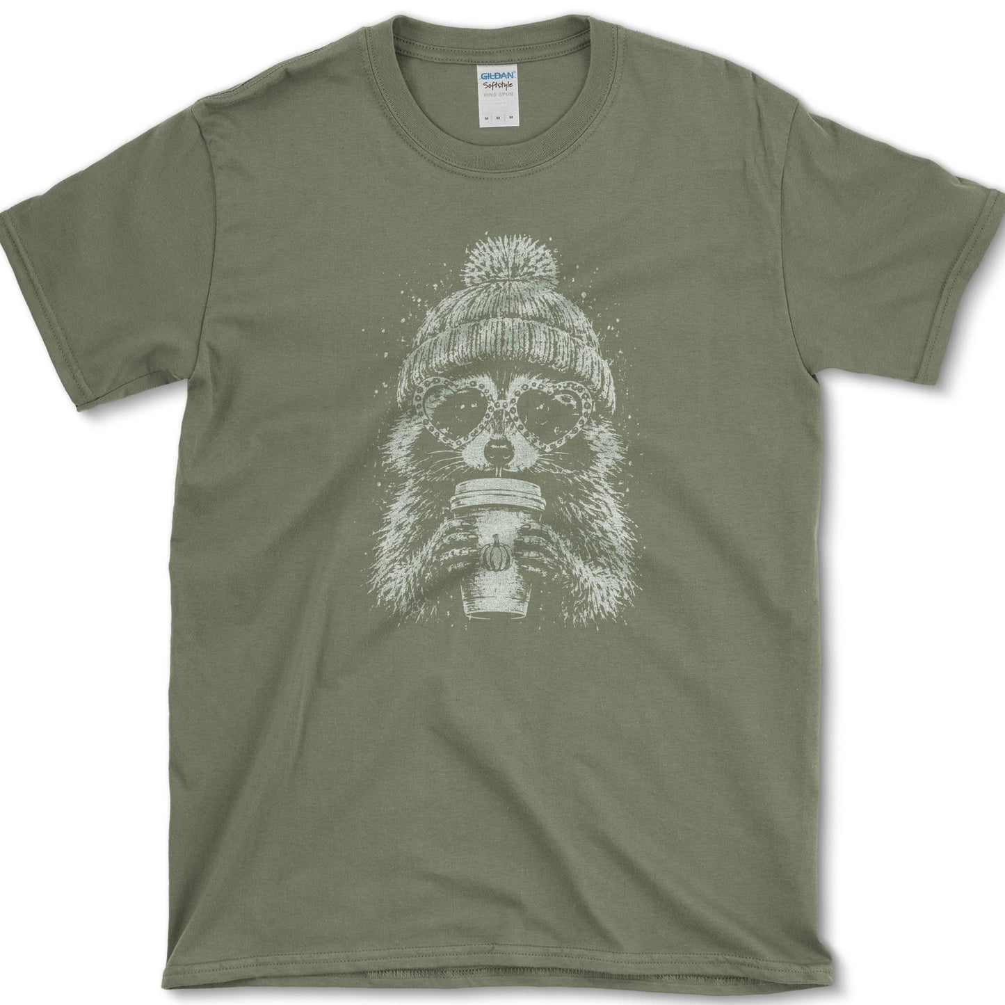 Pumpkin Spice Raccoon artwork featuring raccoon and pumpkin spice drink on a T-shirt
