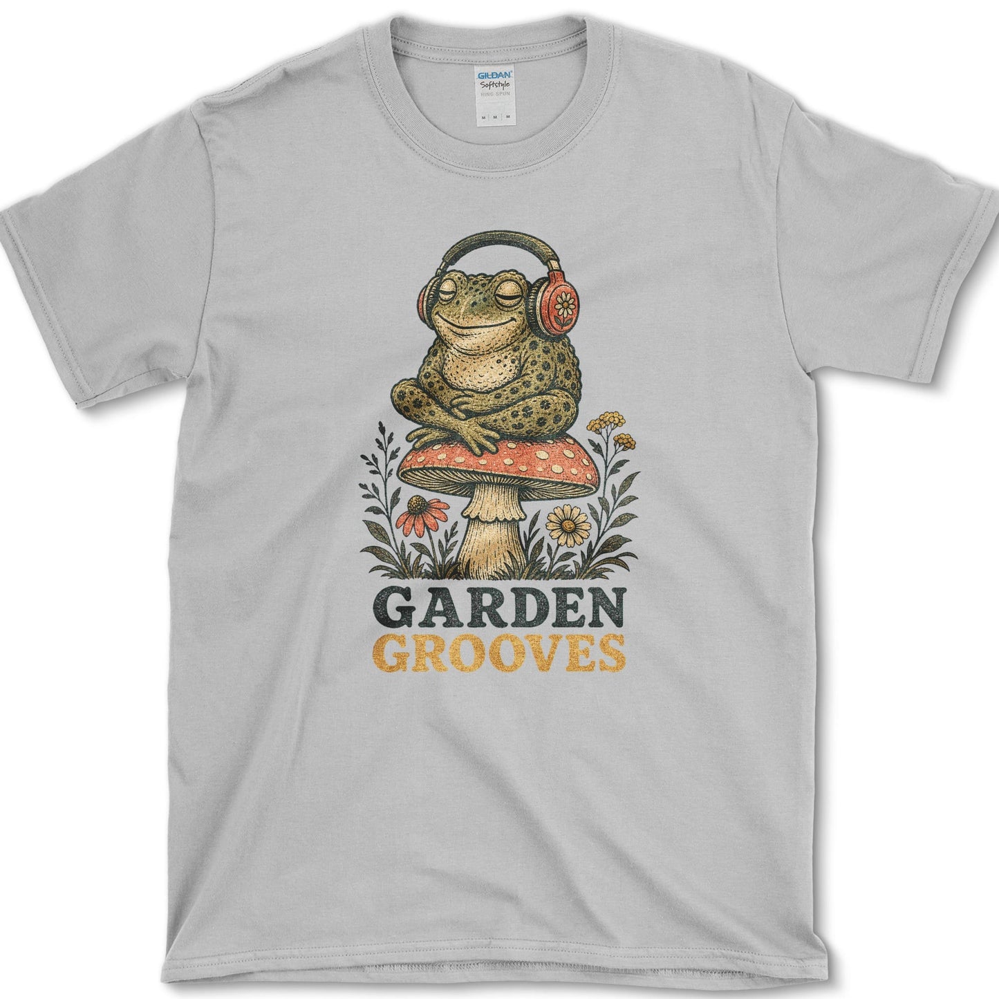 Garden Grooves design featuring frog artwork on a t-shirt
