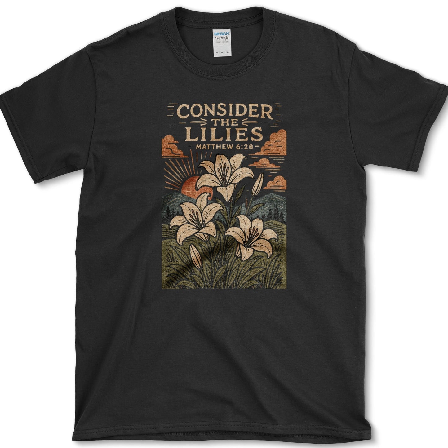 Consider The Lilies artwork featuring lily and Matthew 6:28 on a T-shirt