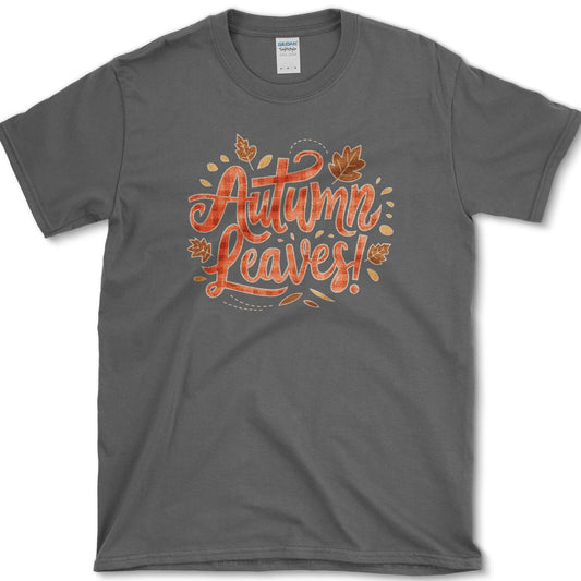 Autumn Leaves artwork featuring autumn leaves and fall lettering on a T-shirt