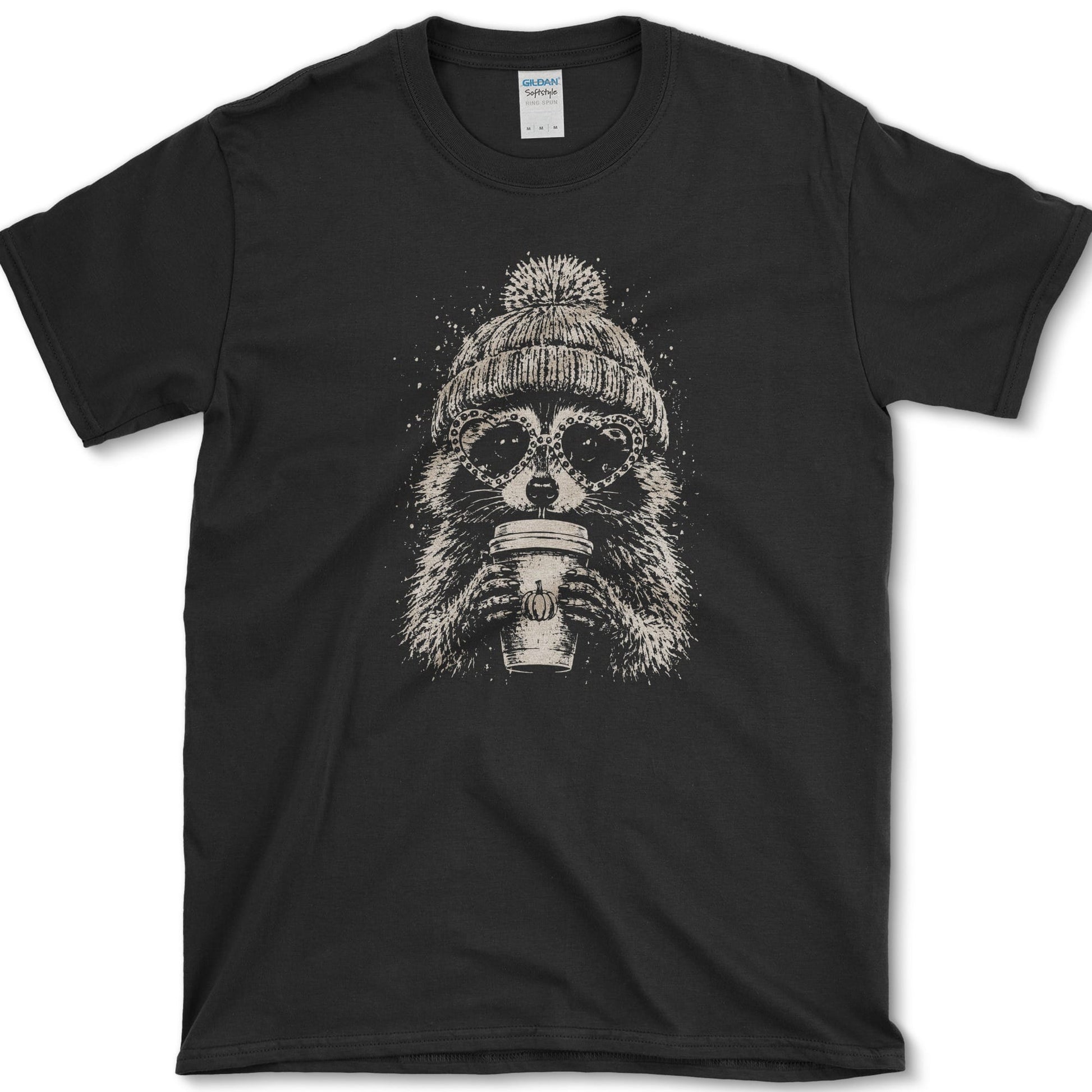 Pumpkin Spice Raccoon artwork featuring raccoon and pumpkin spice drink on a T-shirt