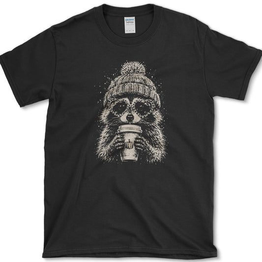 Pumpkin Spice Raccoon artwork featuring raccoon and pumpkin spice drink on a T-shirt