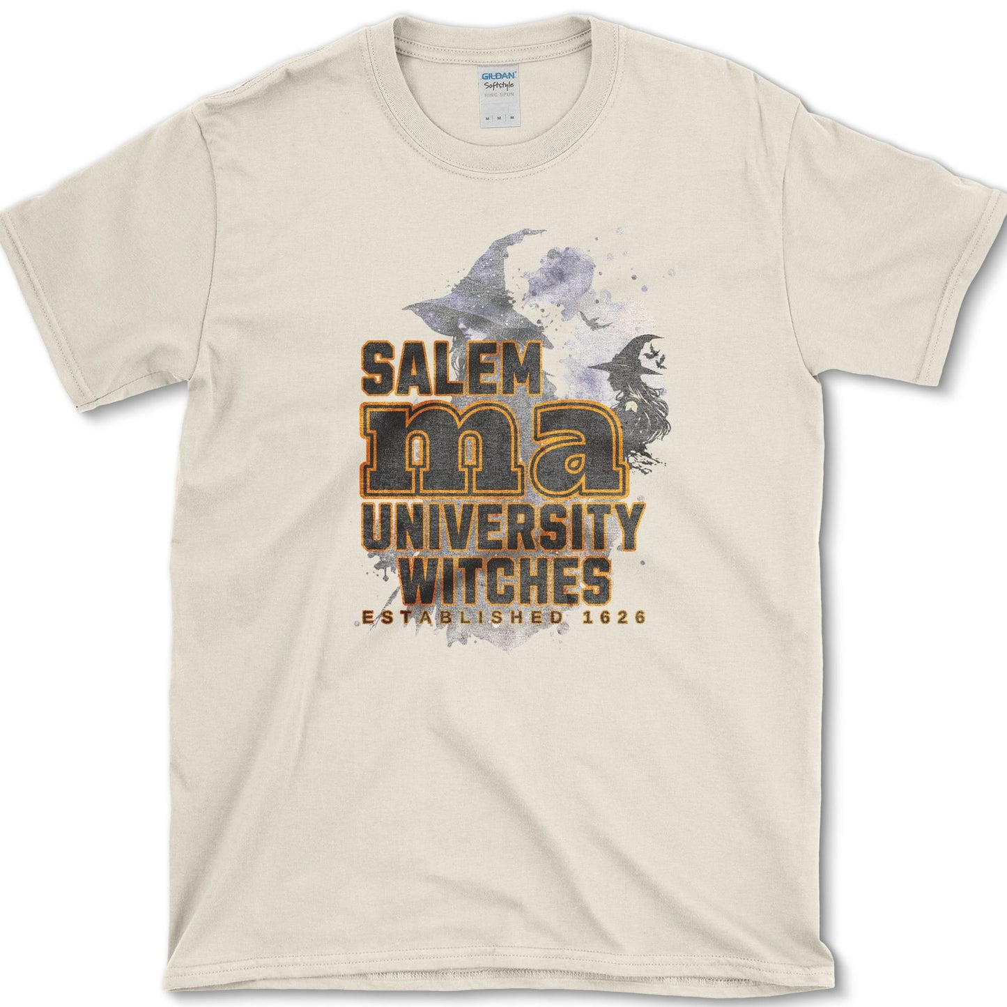 Salem Witches University artwork featuring Salem witch and Halloween witch on a T-shirt