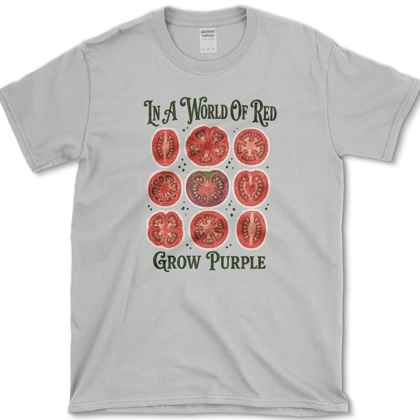 Grow Purple design on a t-shirt, purple tomato
