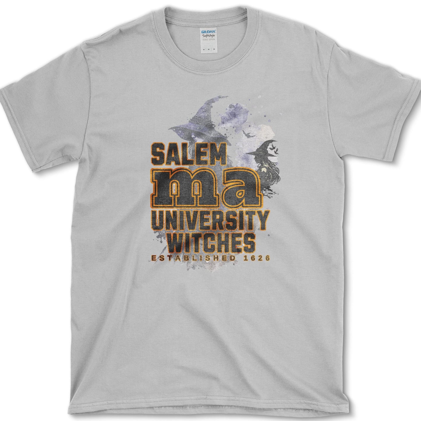 Salem Witches University artwork featuring Salem witch and Halloween witch on a T-shirt