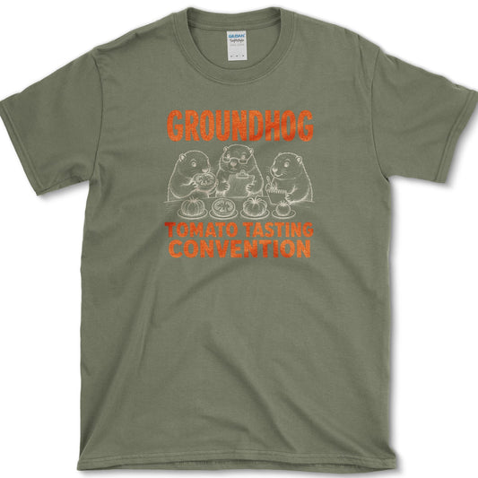 Groundhog Tasting artwork featuring groundhog and tomato tasting on a T-shirt