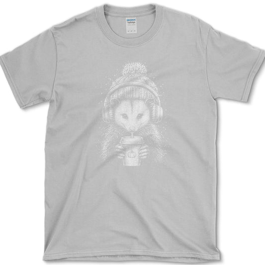 Pumpkin Spice Opossum artwork featuring opossum and pumpkin spice drink on a T-shirt