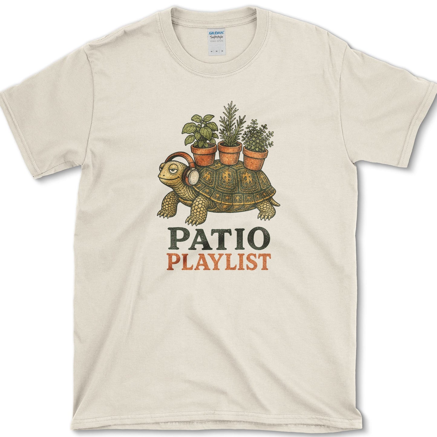 Patio Playlist design featuring tortoise artwork on a t-shirt