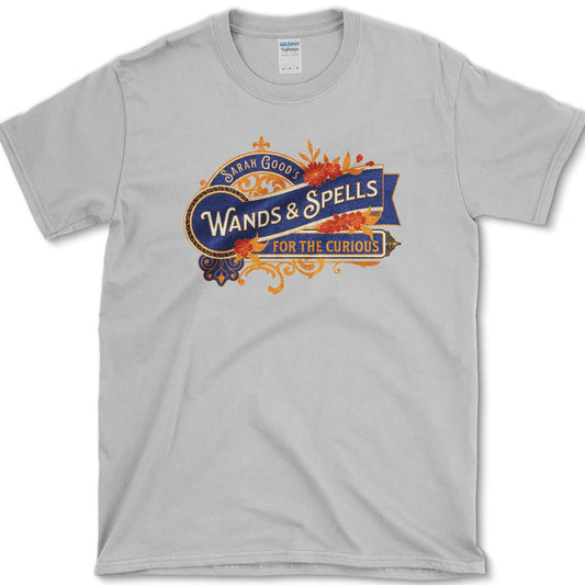 Wands And Spells artwork featuring wands and spells and witch label on a T-shirt
