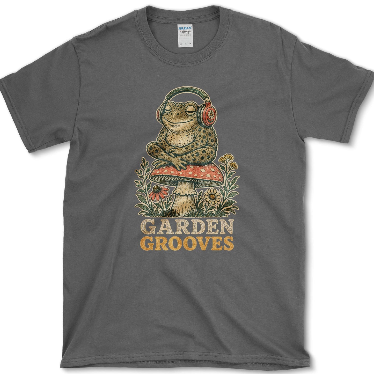 Garden Grooves design featuring frog artwork on a t-shirt