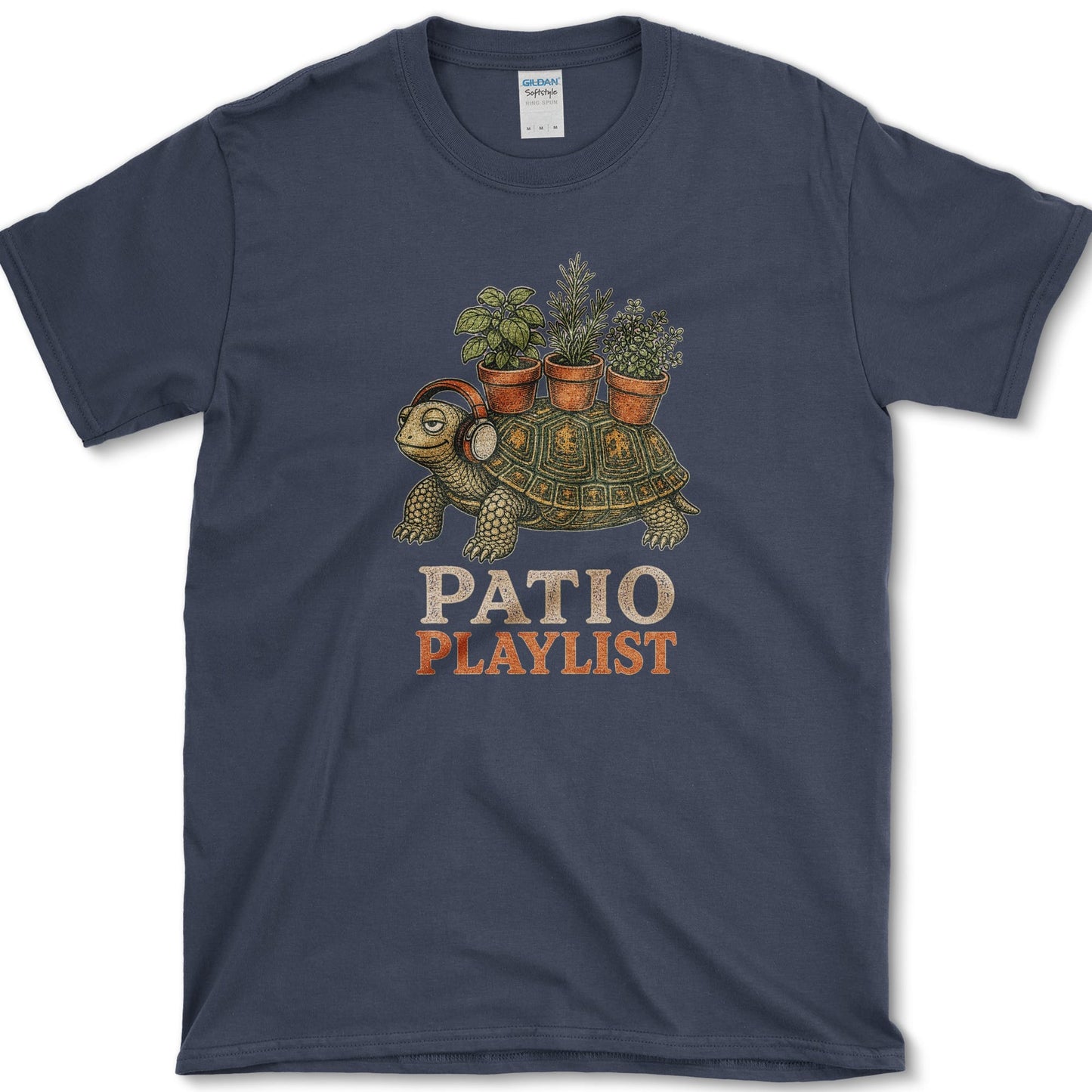 Patio Playlist design featuring tortoise artwork on a t-shirt
