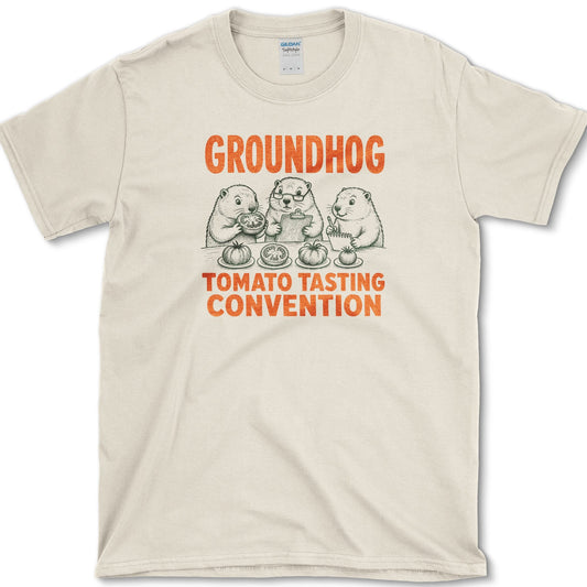 Groundhog Tasting artwork featuring groundhog and tomato tasting on a T-shirt