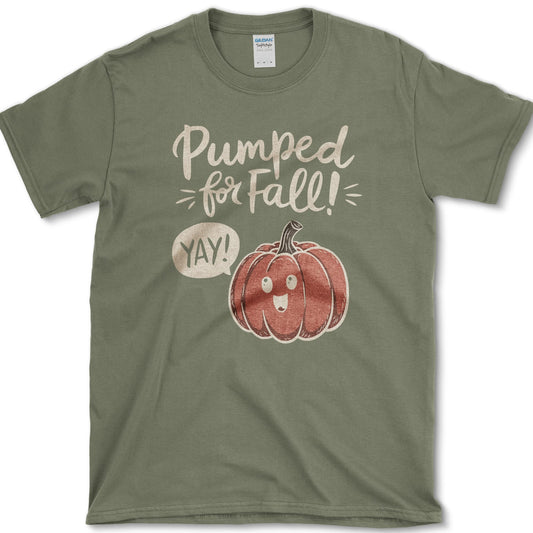 Pumped For Fall artwork featuring pumpkin and fall pumpkin on a T-shirt