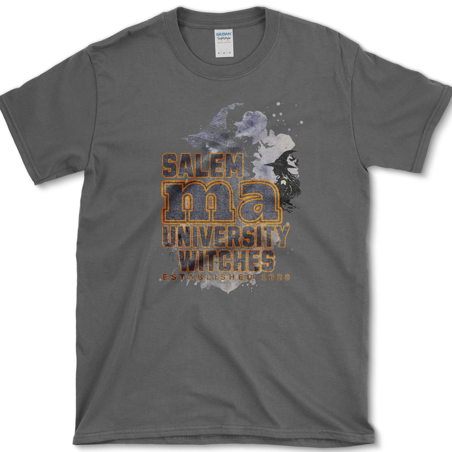 Salem Witches University artwork featuring Salem witch and Halloween witch on a T-shirt