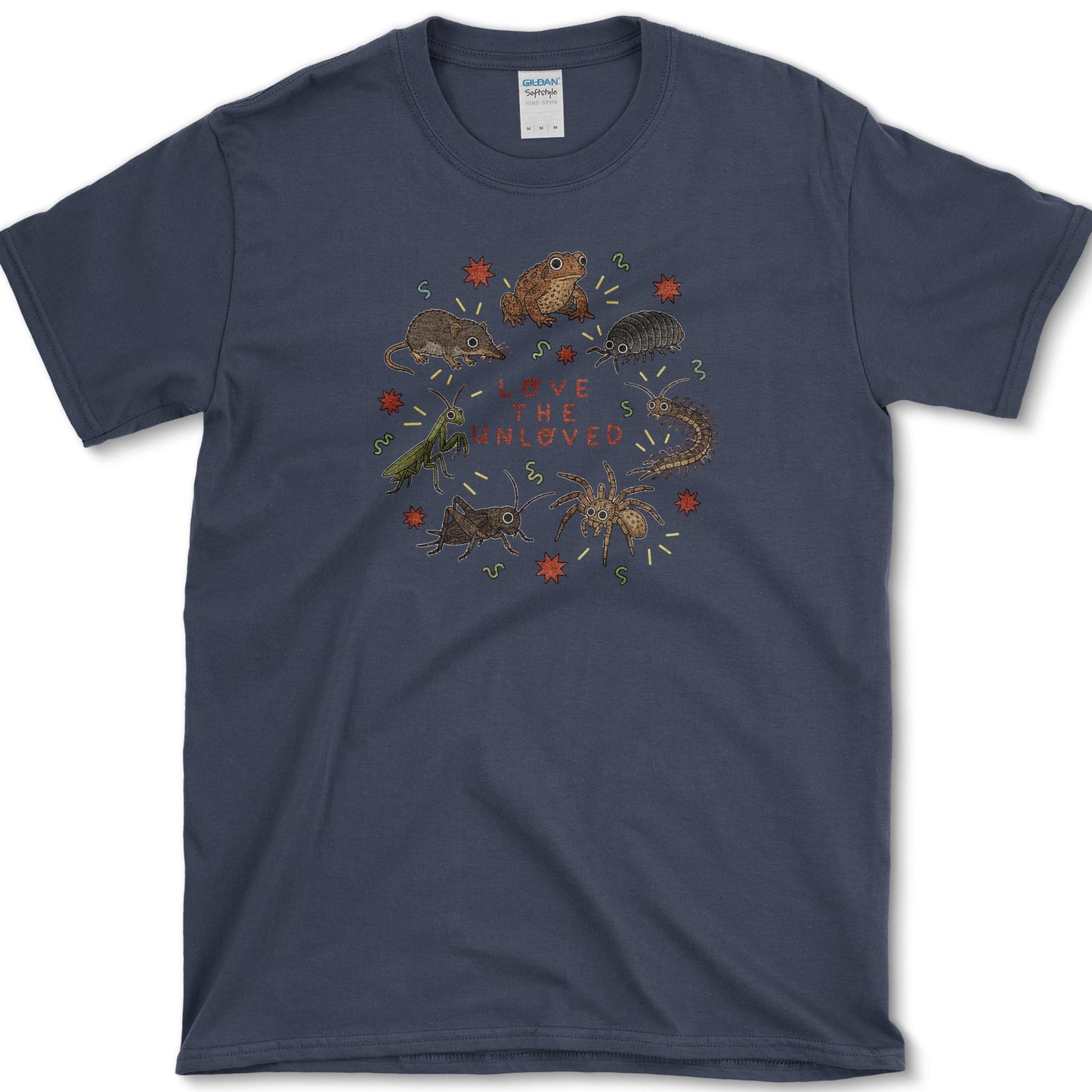 Love The Unloved design featuring backyard wildlife artwork on a t-shirt
