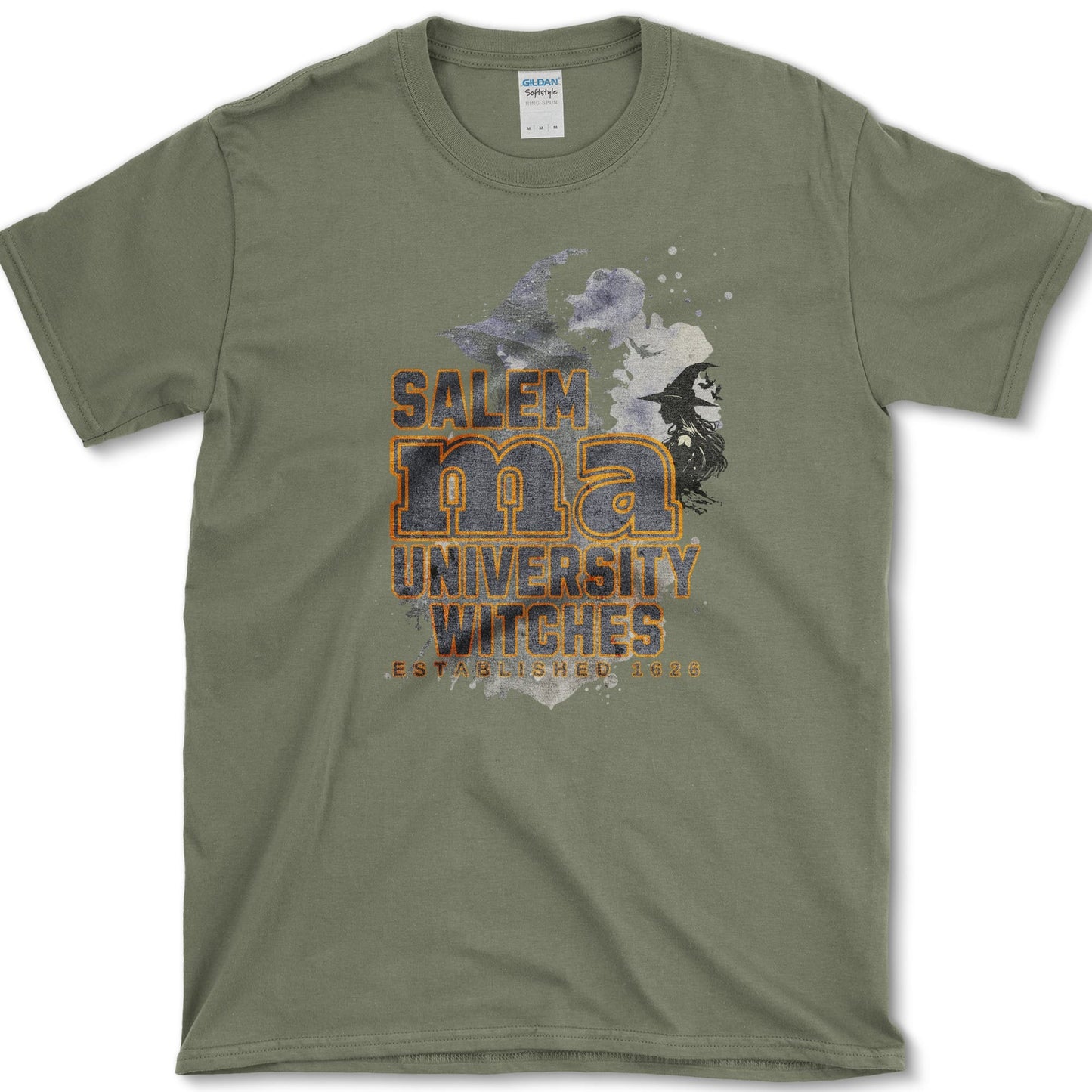 Salem Witches University artwork featuring Salem witch and Halloween witch on a T-shirt
