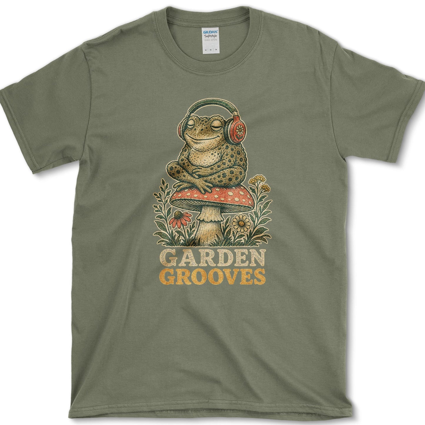Garden Grooves design featuring frog artwork on a t-shirt