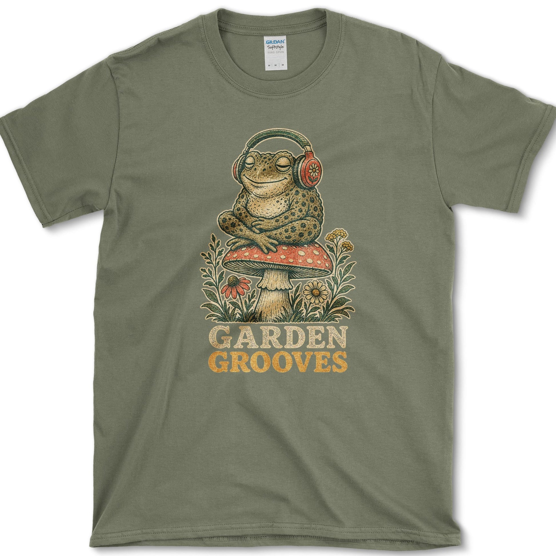 Garden Grooves design featuring frog artwork on a t-shirt